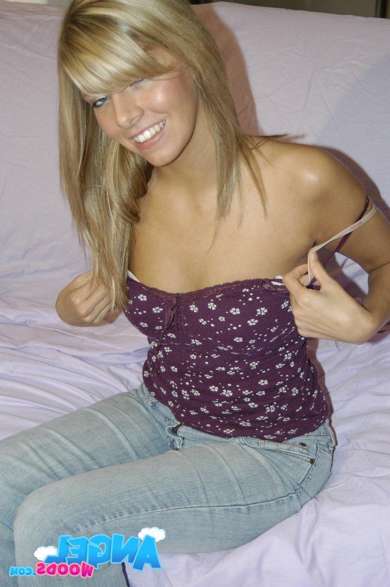20P Pictures of teen slut Angel Woods stripping down to her panties