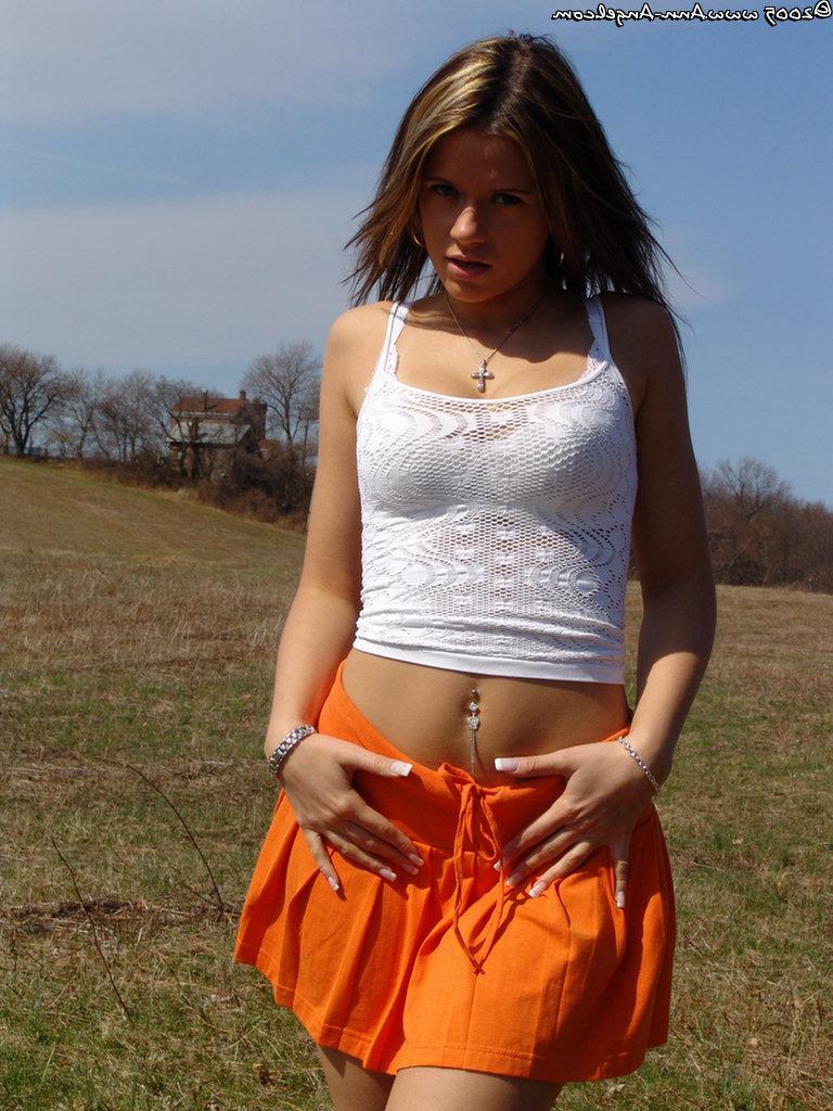 14P Ann outside in hot orange skirt