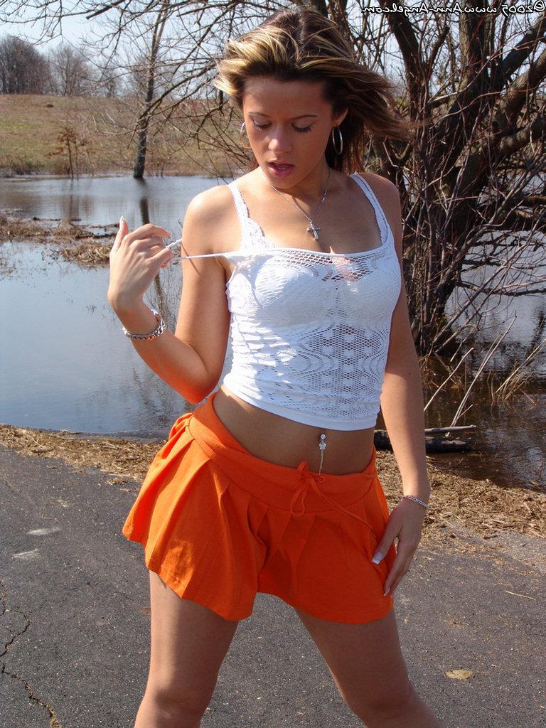 14P Ann outside in hot orange skirt