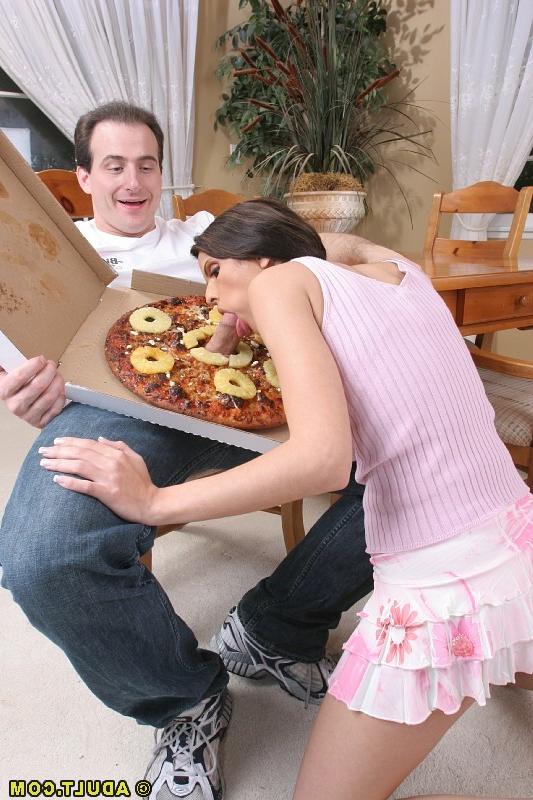 16P Latina milf swallows huge cock, sticking out of big pizza pie