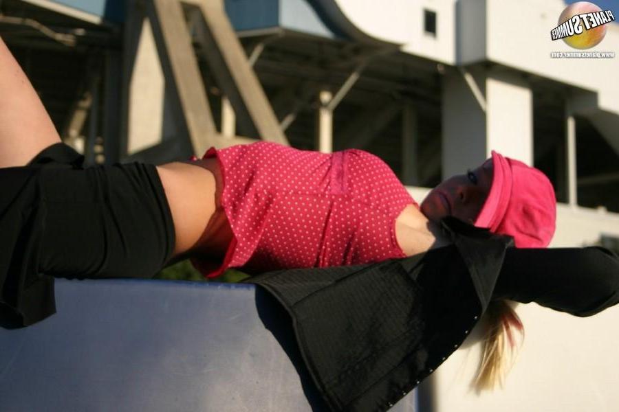 20P Pictures of Summer showing you up her skirt in a parking lot
