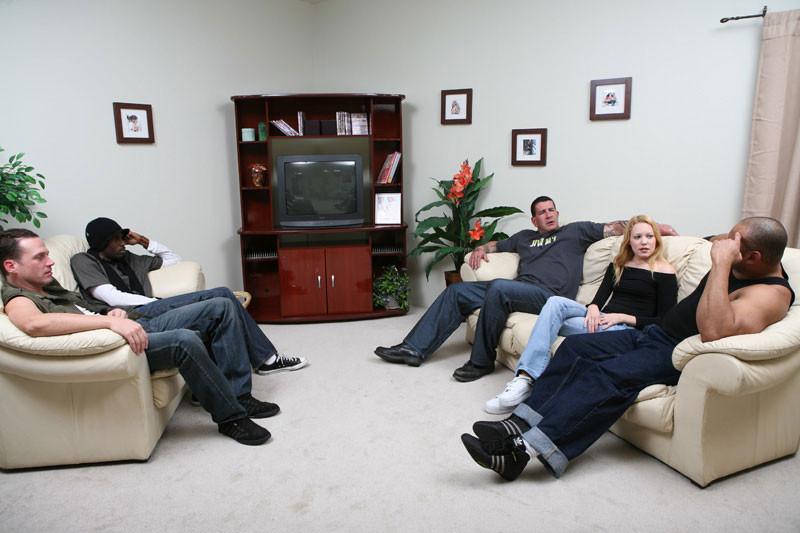16P Petite blonde babe interracial gangbang orgy