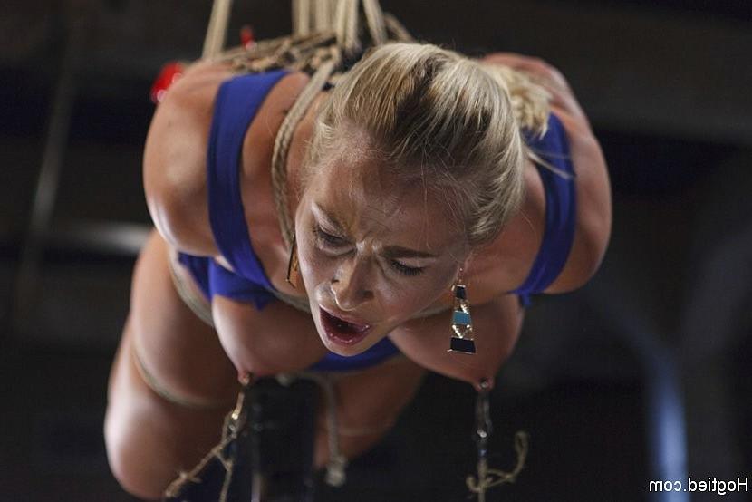 17P Angel Allwood busty blonde bound in rope suspension is made to orgasm