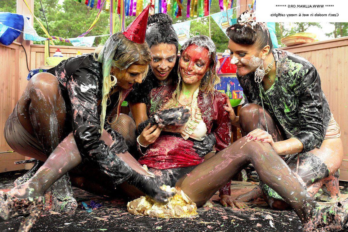 15P Glamour lesbians messy food catfighting 