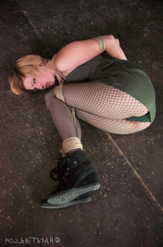 16P Kay Kardia pantyhose blonde is rope bound in different positions in a dungeon