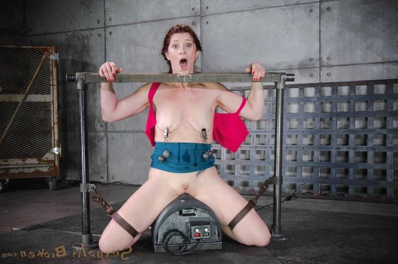 16P Cici Rhodes is mouth fucked bound to a machine with clamps on her nipples