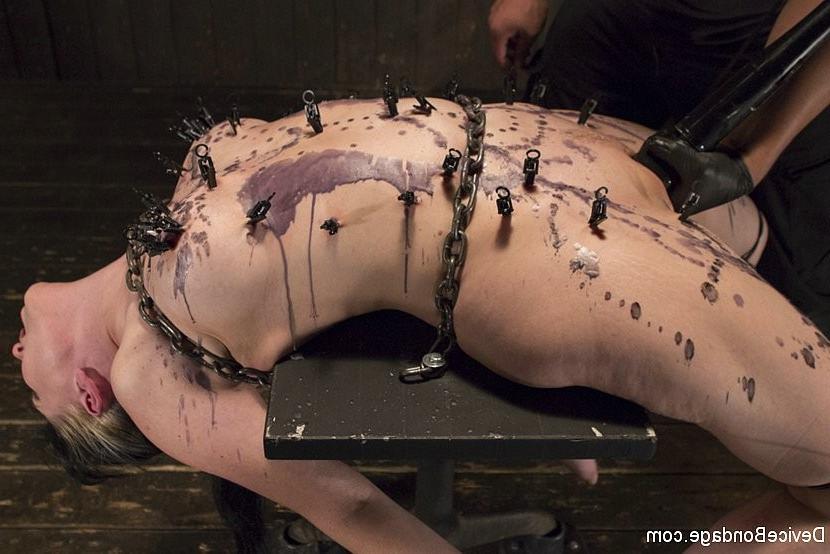 17P Nerine Mechanique is bound in metal with clamps her pussy vibrated to orgasm
