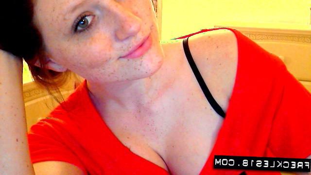 12P Sexy teen Freckles 18 strips down and fingers her sweet little pussy