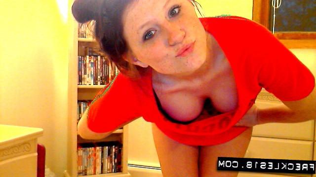 12P Sexy teen Freckles 18 strips down and fingers her sweet little pussy