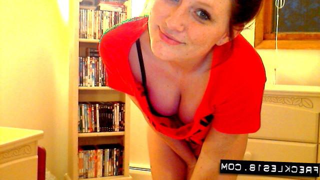 12P Sexy teen Freckles 18 strips down and fingers her sweet little pussy