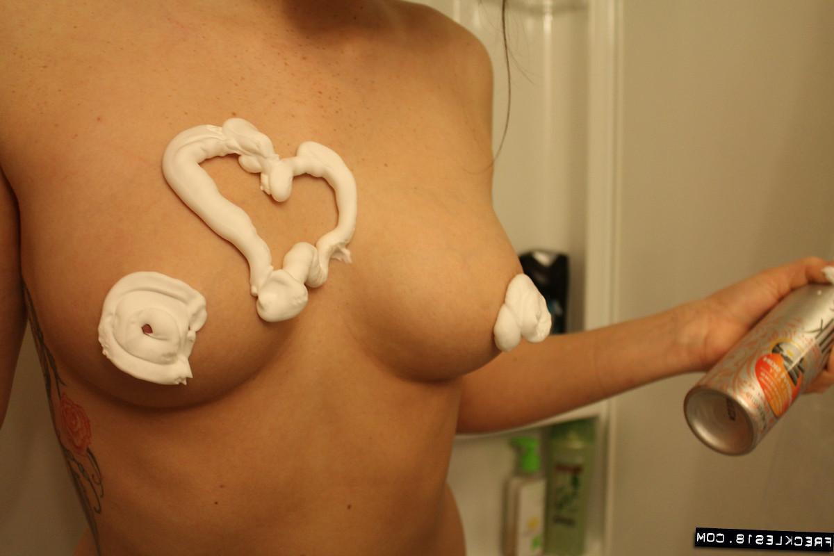 12P Teen Freckles 18 having fun covering her nude body with shaving cream