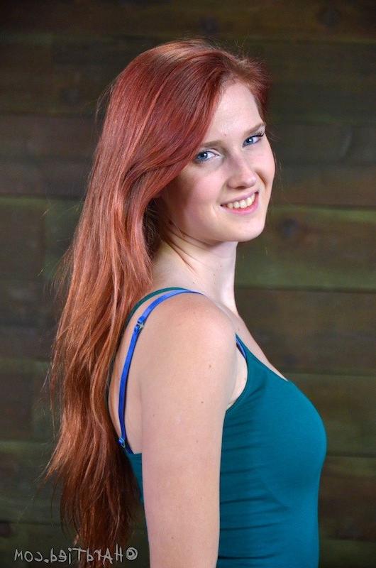 16P Ashley Lane redhead rope bound with tits exposed and ass toyed