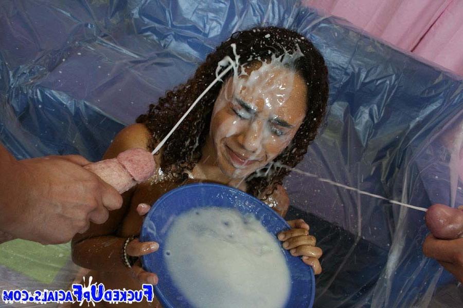 16P Ebony babe sucking big dicks until she gets a cumbath