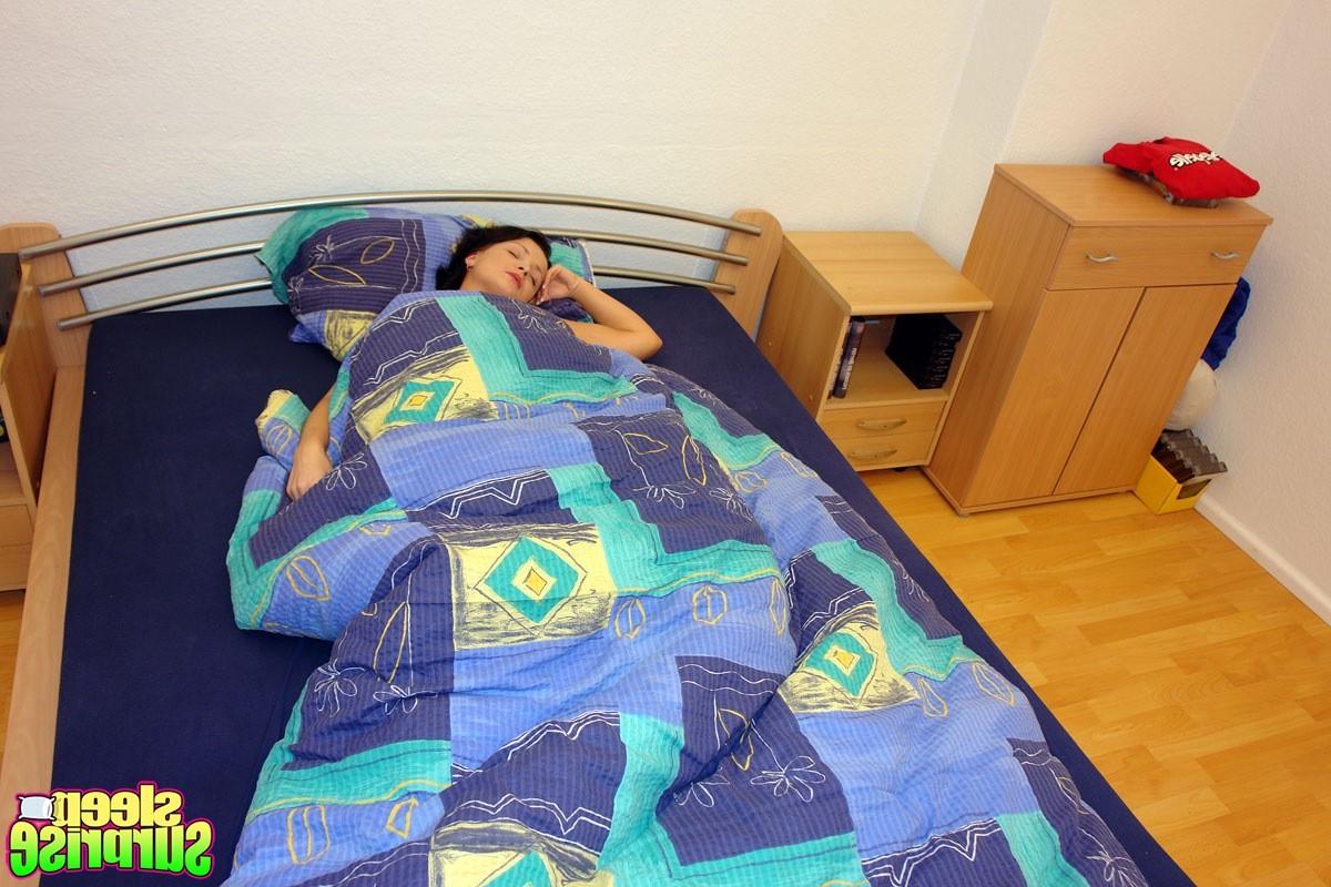 14P Cute sleeping brunette girl gets a sticky load in her slit