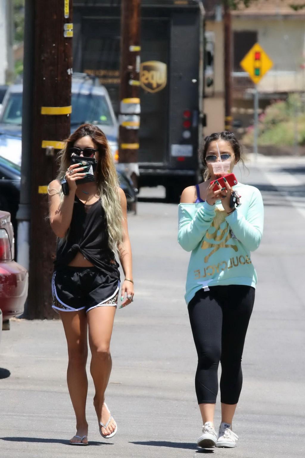 16P Vanessa Hudgens seethrough to bra and leggy with her sister out in Studio City