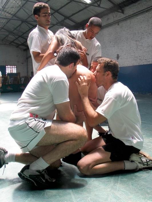 15P Brunette slut gets banged and coved with cum by gang of cocks