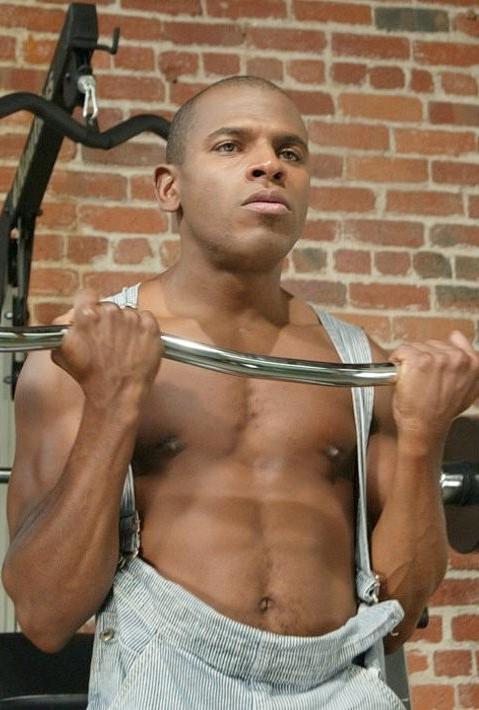 20P Black muscle working out in a gym and expanding  his own hole