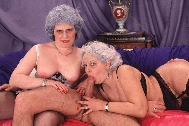 15P two old grannies riding a huge young cock