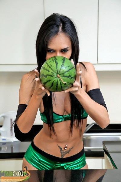 15P Ladyboy Longmint fucks a melon like a freak